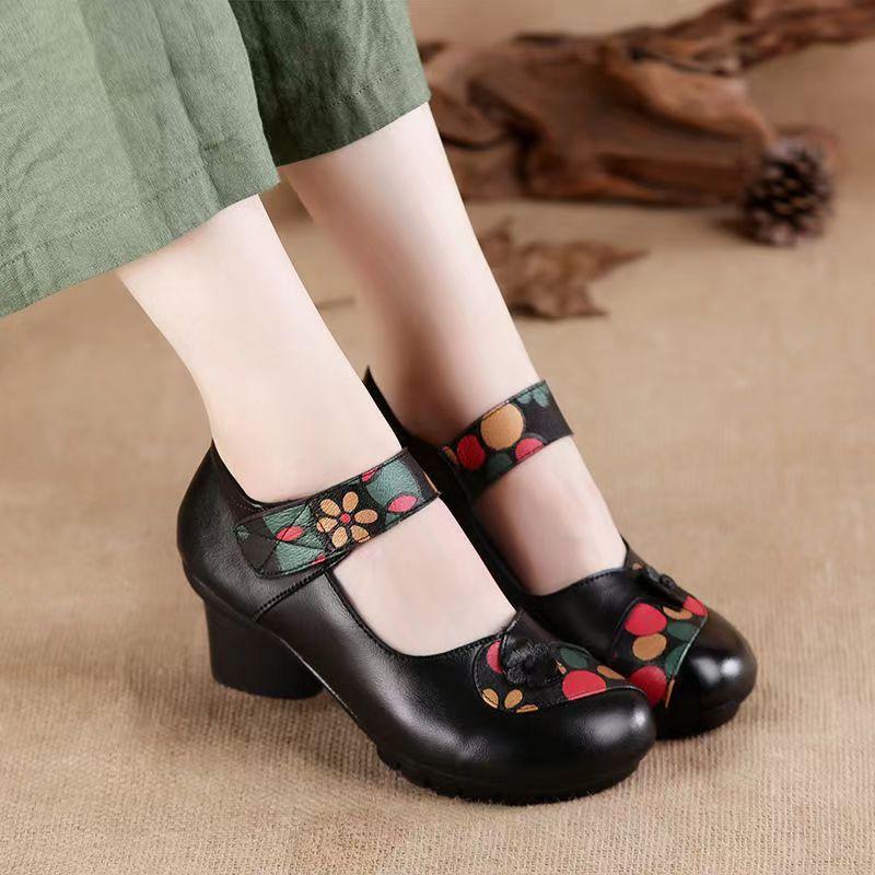 Sapatos femininos vintage de couro legítimo, elegantes, rasos, grossos, com sapatos femininos, plataforma, sapatos femininos vermelhos