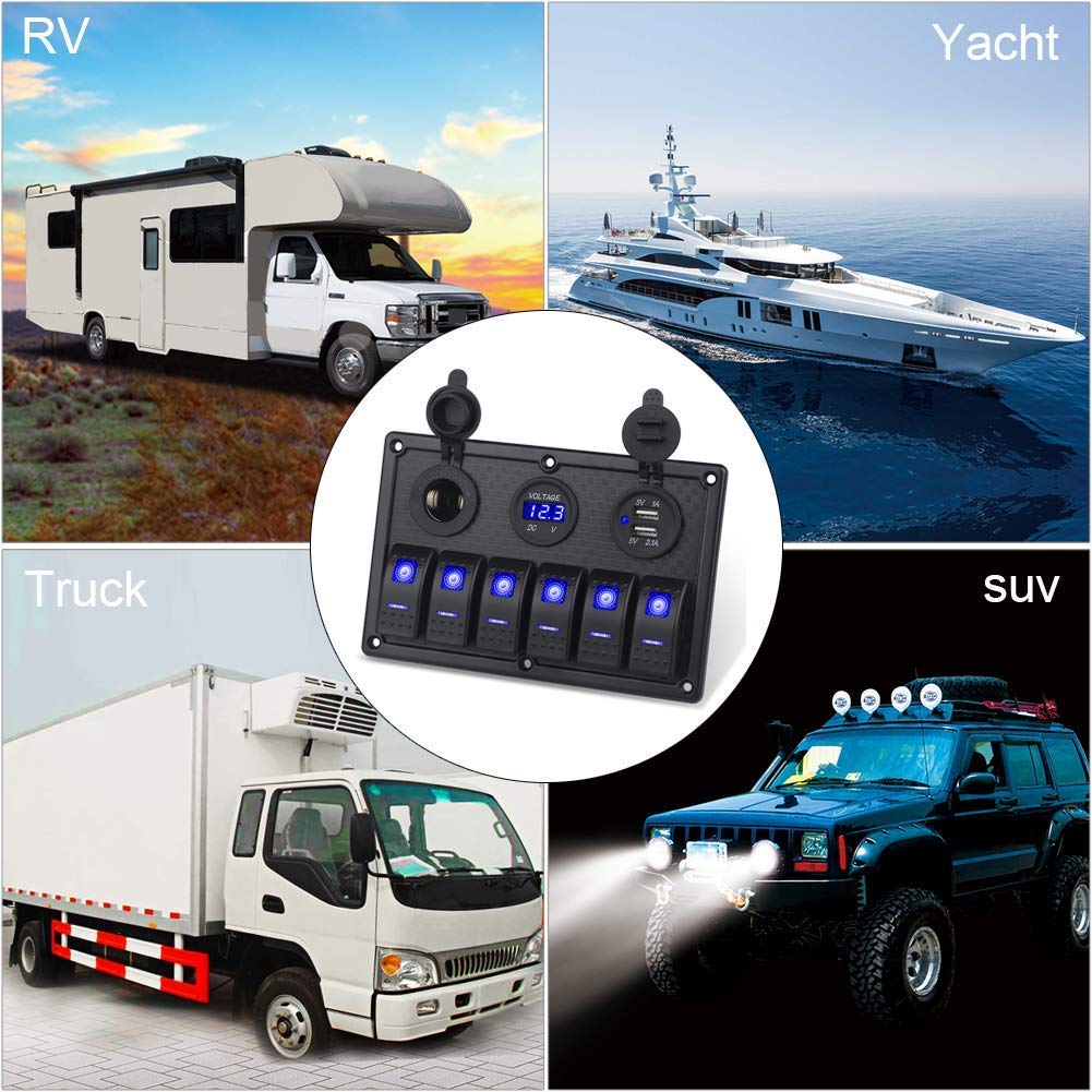 zmayastar SP-CYKG-023 6 Rows Waterproof Boat Switch Panel USB Charger with LED Voltmeter DC12-24V Marine Supplies