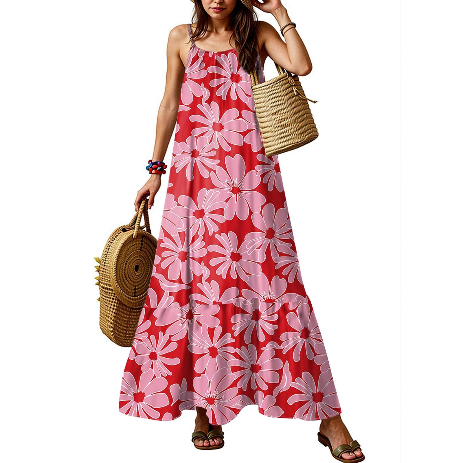 

Женские летние платья с бретельками-спагетти, круглым вырезом, сборками и оборками, струящееся платье-макси в стиле бохо M