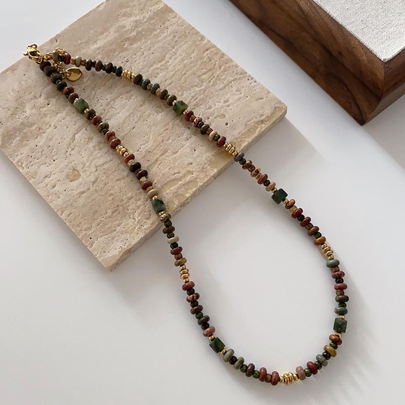 Tiger'S Eye Beaded Halskjede Maillard Oval Premium Genserkjede Titanium Stål Vintage Coffee Naturstein Clavicle Chain