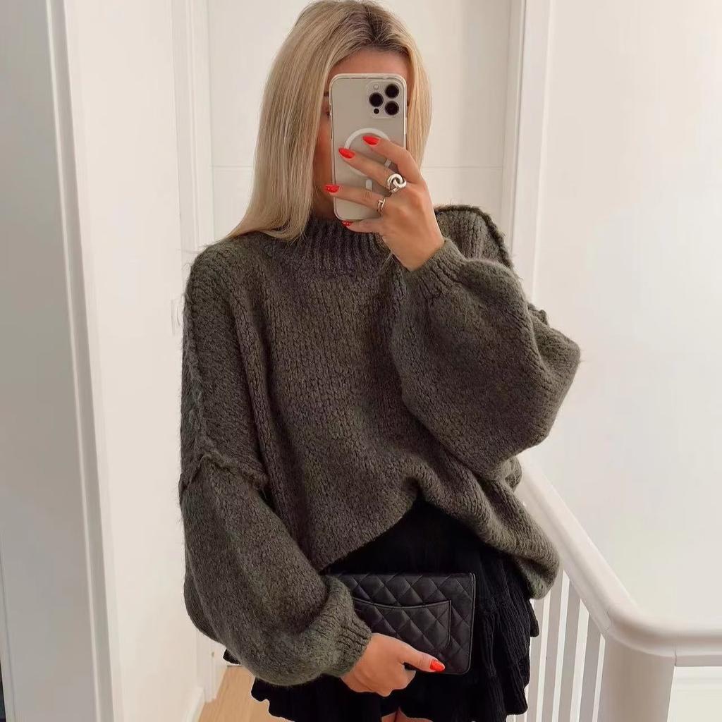 Women Fashion Round Neck Knitted Jumper 2024 New Autumn Winter Long Lantern Sleeve Sweater Female Hight Street Warm Lady Chic Pullover Sweater