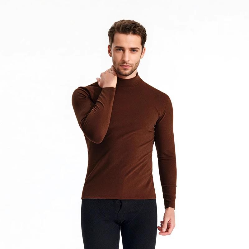 Men's Velvet Base Layer Semi-High Neck Fleece Long Sleeve Warm Top