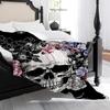 1pc Gothic Victorian Skull & Floral Print Blanket - Heavyweight Plush All-Season Bedspread, Black/White/Pink/Lavender Quilted