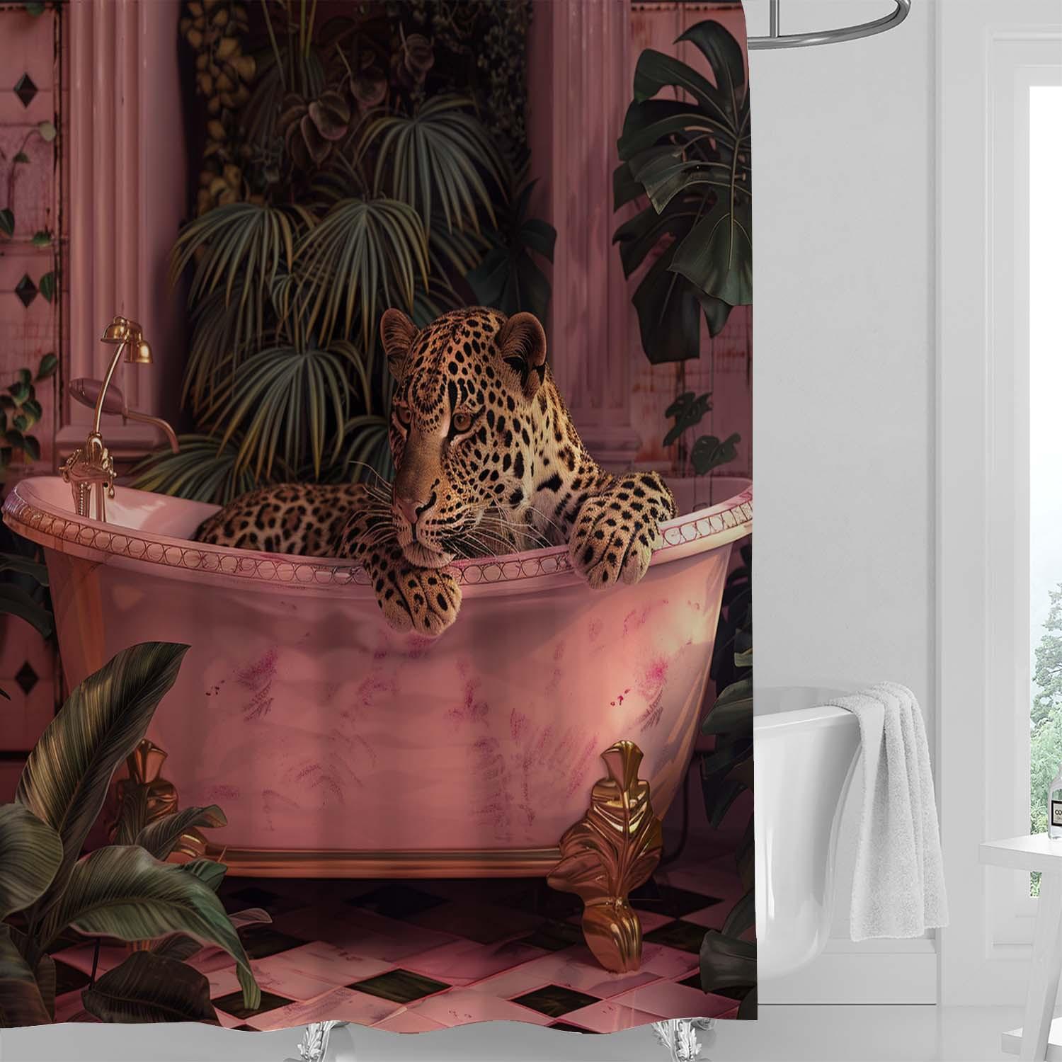 

Leopard In Bathtub Waterproof Mildew-Resistant Shower Curtain - Exotic Design For A Bold Bathroom Dcor Experience W60H190(CM)-1 Pcs