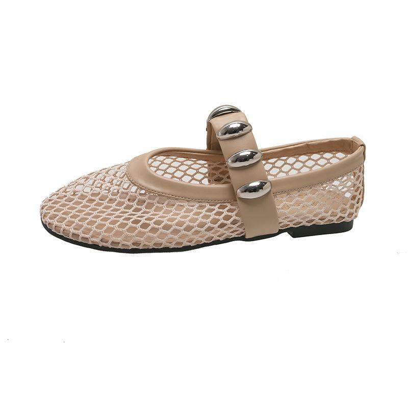 Foreign trade large size metal buckle mesh Mary Jane single shoes women's 2025 summer new European and American fashionable flat comfortable shoes