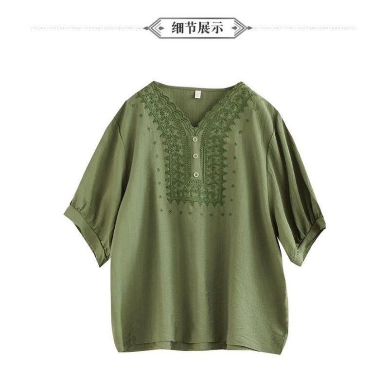 Plus Size Women Loose Embroidered V Neck Three Quarter Sleeve Casual T Shirt Top