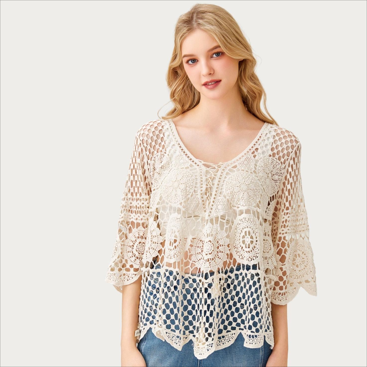 

DIMANAF 2026 New Tees Summer Women Beach T-Shirt Basic Fashion Tops Lace Tees Casual Loose White one size бежевий