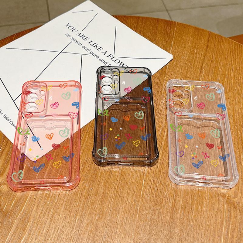 Colorful Love Card Bag Wallet Case For Samsung Galaxy S24 S23 FE S22 Ultra A16 A55 A35 A25 A15 A06 A05 5G Clear Soft TPU Cover