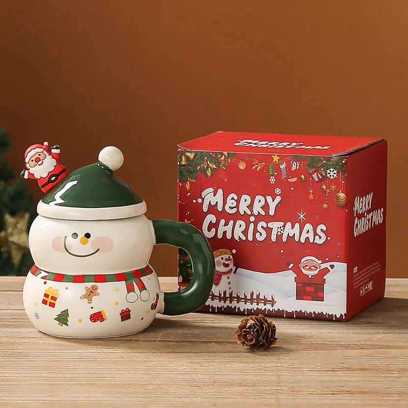 400ML Christmas Ceramic Cup with Lid Handle Cartoon Snowman Snowman Mug Couple Xmas Gift Milk Coffee Cup for Home with Box
