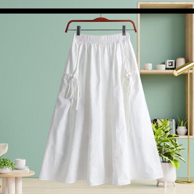 Cargo Skirt with Elastic Waist Side Pockets Solid Color A-Line Loose Fit Midi Skirt Workwear Style Drawstring Skirt