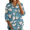 Women Button Down Shirt Floral Print Three Quarter Sleeve Loose Fit Blouse Collared Neck Casual Top for Everyday Wear