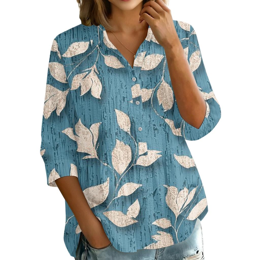 Women Button Down Shirt Floral Print Three Quarter Sleeve Loose Fit Blouse Collared Neck Casual Top for Everyday Wear