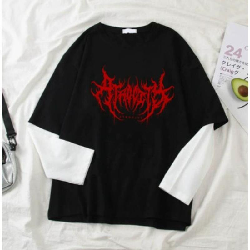 Women Star Y2K Print Graphic Fake Two Long Sleeved T-shirts Fashion Gothic Retro Casual Loose Fake Two Long Sleeved T Shirt