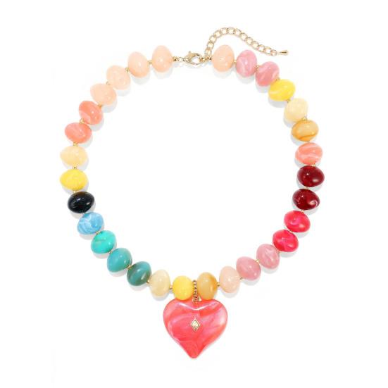 Chunky Beaded Choker, Colorful Acrylic Beads Necklace, Heart Pendant Choker for Women Summer Beach Vacation Jewelry