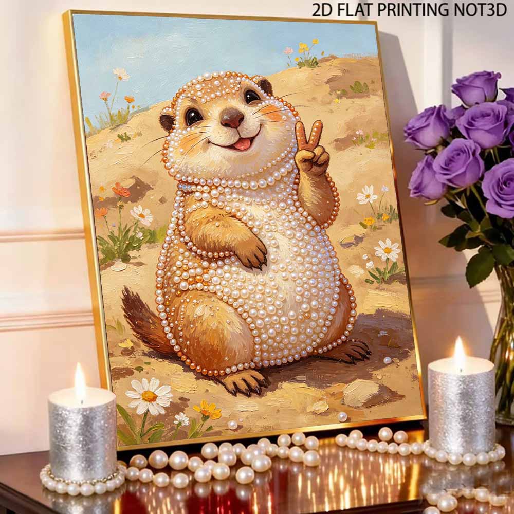 Beautiful Framed Pearl Painting Kit Cute Groundhog Victory Sign DIY 3D Bead Art Canvas Creative Wall Decor Relaxing Hobby Gift for Adults