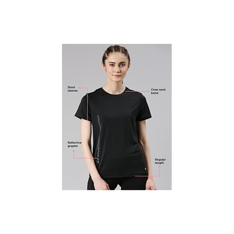 Enamor Dry Fit Antimicrobial Crew Neck Workout Tee for Women with Reflective Graphic(A309_BLACK MELANGE ACTIVE REFLECT
