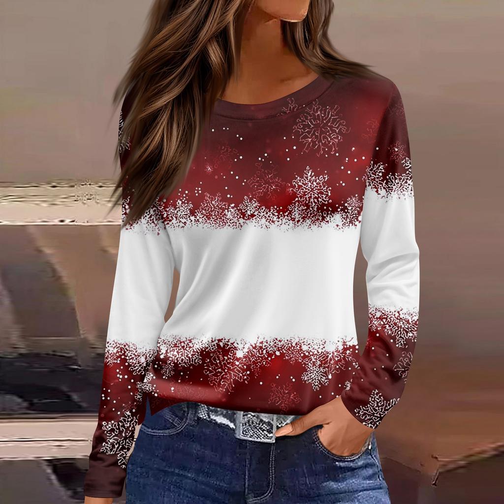 Women's Fashion Casual Slit Hem Round Neck Long Sleeve Loose Christmas Printed T-Shirt Ladies Top