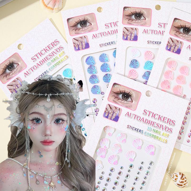 3D Dreamy Shell Crystal Diamond Patch Face Gems Mermaid Temporary Tattoo Stickers Self-adhesive DIY Body Art Decoration Makeup