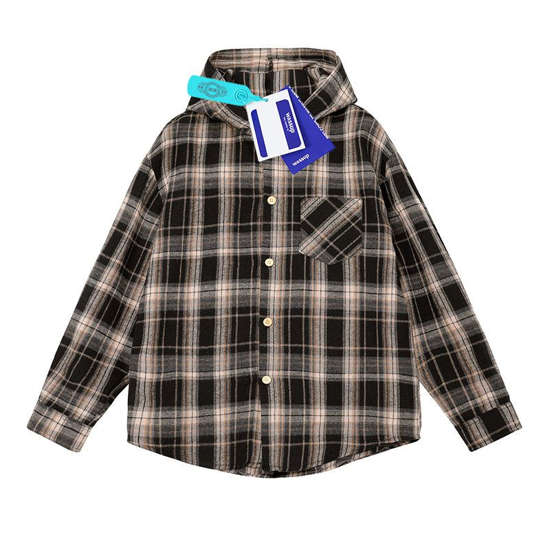 Wassup Long-Sleeved Plaid Shirt for Men, Spring and Autumn 2025 New Style, Cool and High-End Hooded Shirt Jacket for Women