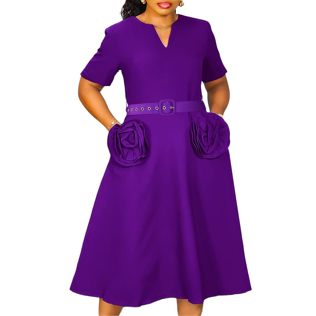 A New Summer Women's Fashion V-neck, Elegant Short-sleeved, Cinched Waist A-line Dress, Plus-size Dress
