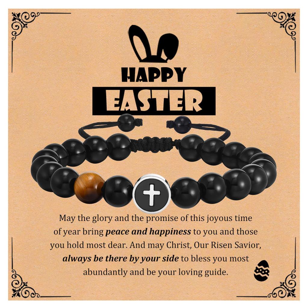 Easter Men's Bracelet,Cross Charms Beaded Bracelets,Adjustable Black Onyx Beaded Wristaband,Father's Day Baptism Scripture Card