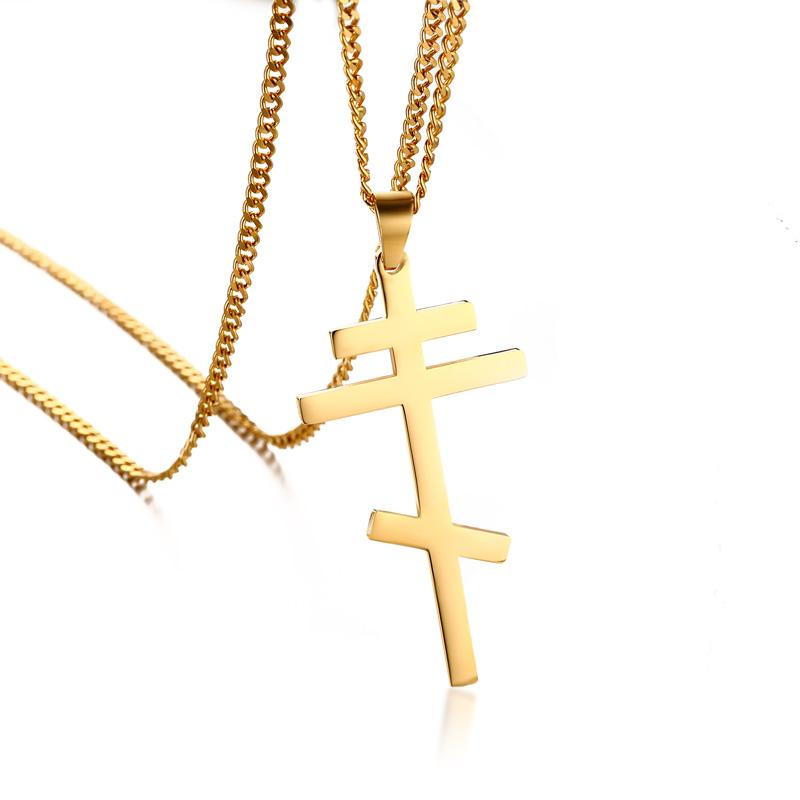 Christian Russian Orthodox Cross Pendant Necklace Prayer Big Pendant Black Color INRI Crucifix Cross Pendant Necklace Men золотой