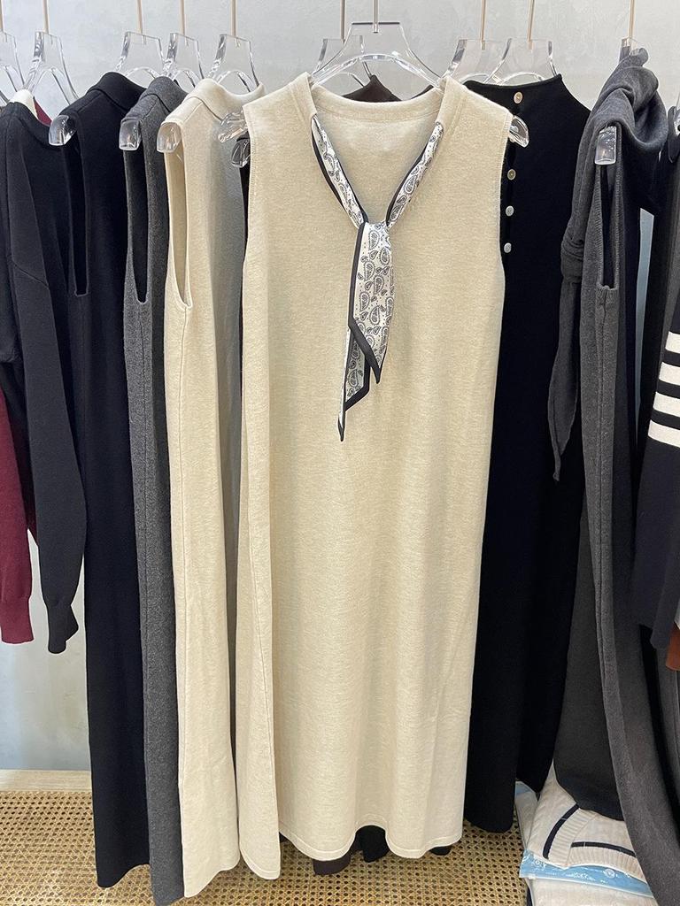 Women's Sleeveless Knitted Long Dress with Scarf Tie - Autumn Winter Style