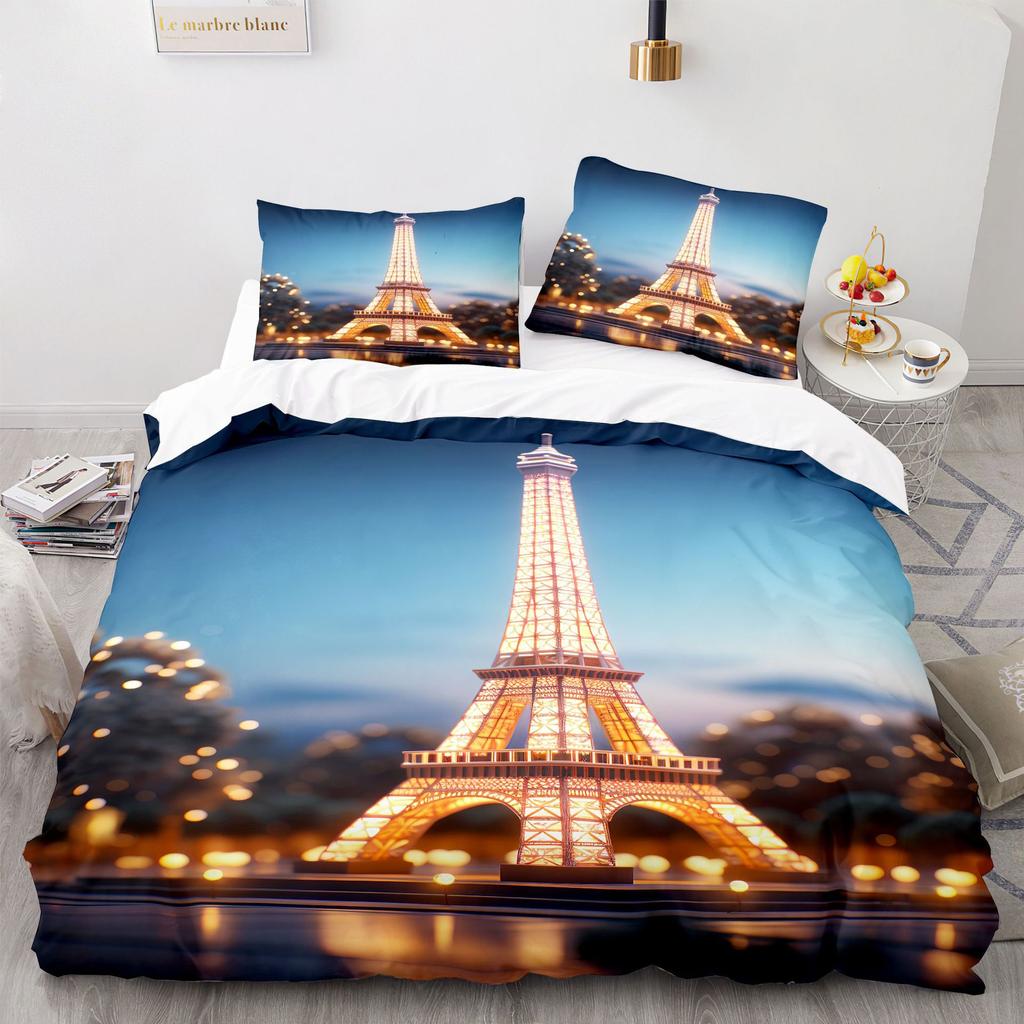 Paris Tower Pattern Duvet Cover, Cartoon City Architecture Bedding Set,Tower Quilt Cover for Kids Adults Bedroom Decoration