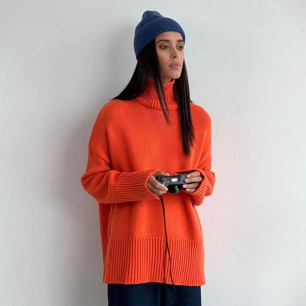 GMXIA Women's Semi-High Neck Sweater Autumn and Winter Commuter Solid Colour High Neck Knit Pullover Sweater