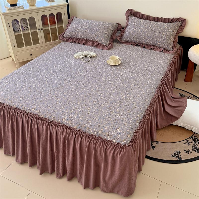 3pcs Bedding Simple Flower Bed Skirt With Pillowcases Wedding Bedspread Bed Sheet Mattress Cover Full Twin Queen King Bedsheets