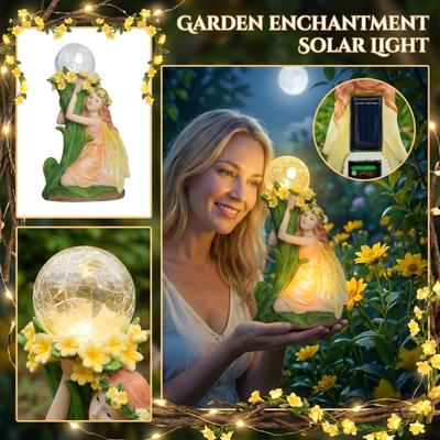 Resin Garden Fairy Figurine with Solar Night Light Miniature Landscape Decoration for Outdoor Patio Yard Flower Pot Ornament