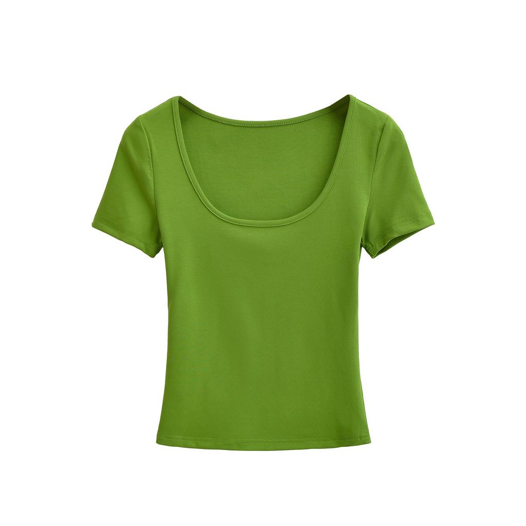 U-neck Short-sleeved T-shirt Women's Summer New American Spice Girl Style Solid Color Slim-fitting and Thin Bottoming Top