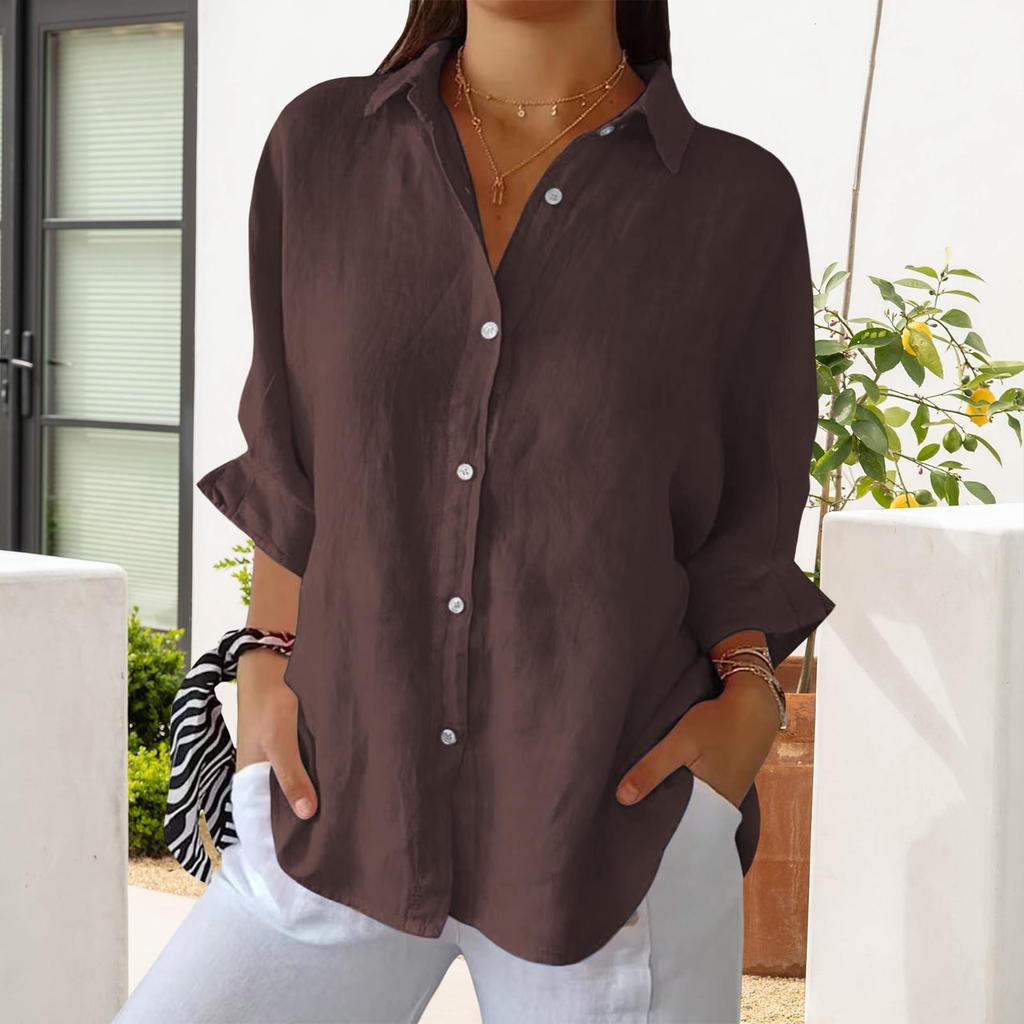 Damen Modisches, einfarbiges, lässiges Spitzen-Shirt mit 3/4-Ärmeln und Revers auf der Rückseite
