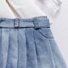 Girls' Fashionable Set Summer Children's Elegant Solid Color One-shoulder Strappy Long-sleeved Pleated Skirt Set