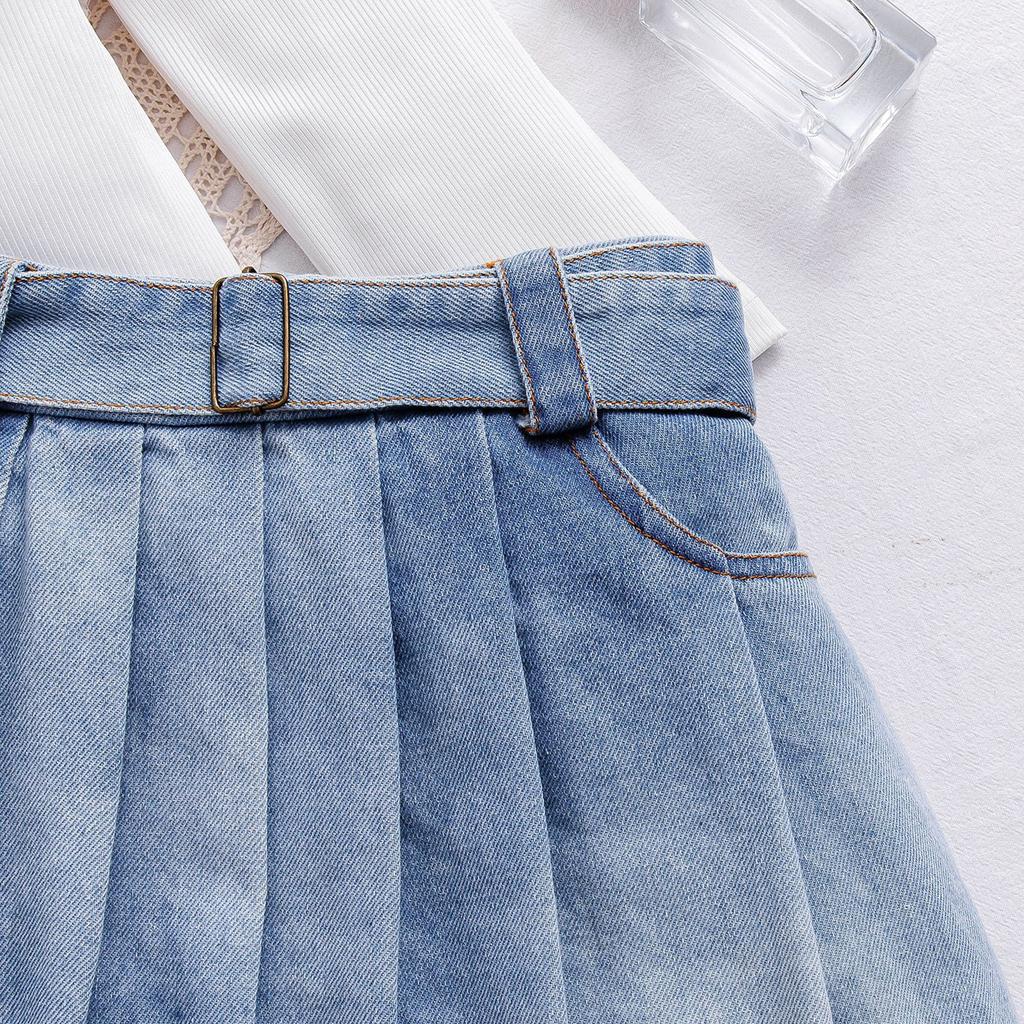 Girls' Fashionable Set Summer Children's Elegant Solid Color One-shoulder Strappy Long-sleeved Pleated Skirt Set