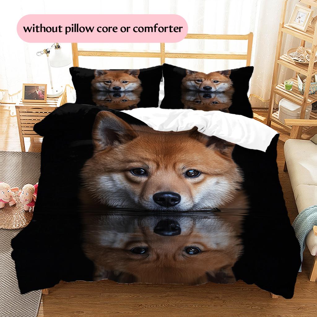 Schwarzes Shiba Inu Muster Bettwäsche Heimdekoration Geburtstagsgeschenk (1 Bettbezug + 2 Kissenbezüge, ohne Füllung)