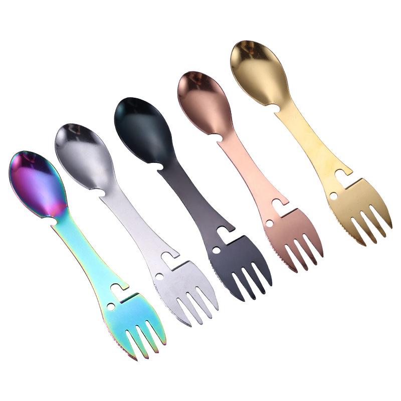 5 In 1 Multitool Stainless Steel Fork Spork Spoon Cutlery Flatware Utensil Portable Camp Multi Tool Bottle Opener Can Opener