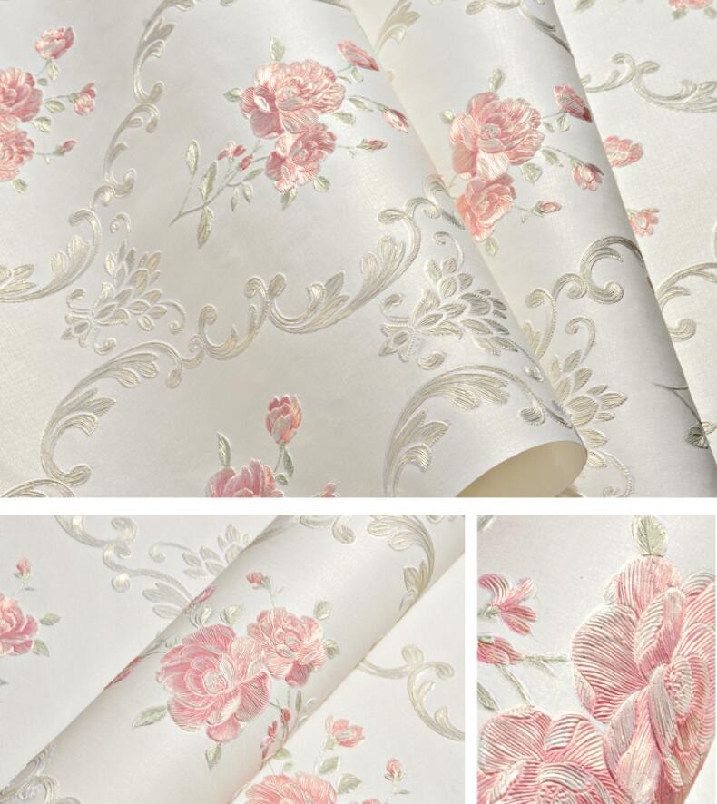 

beibehang 53X300cm Embossed flowers Non-woven self adhesive wallpapers for living room decoration pink 3D wall papers home decor 53 x 300 CM