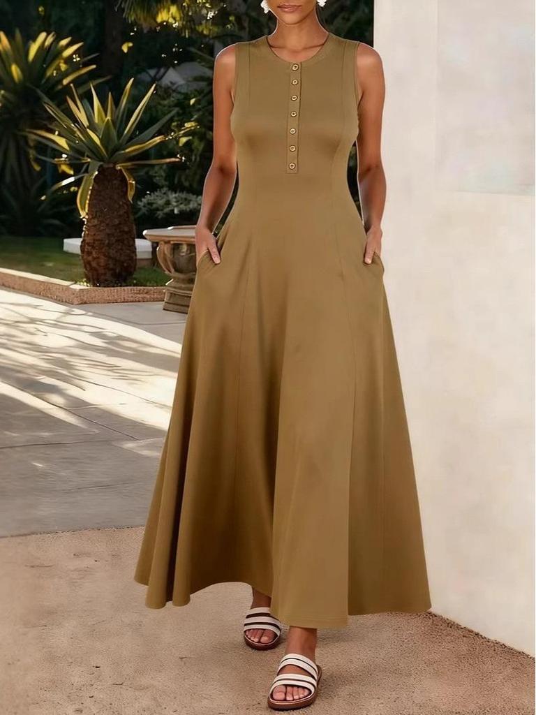 2026 Sleeveless Solid Color Maxi Dress - Elegant & Breezy European & American Style Summer Wear for Women