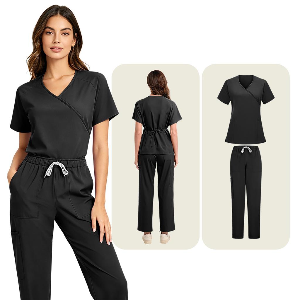Damen V-Ausschnitt Kurzarm Zweiteiliges Uniform Set für die Arbeit