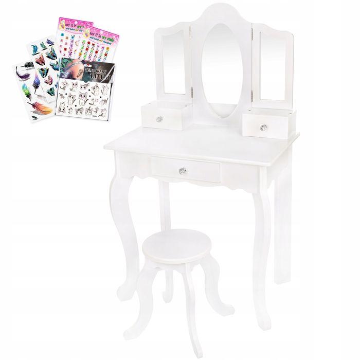 Coiffeuse En Bois Blanche Enfant Avec Triple Miroir En Plexi Et Tabouret, Autocollants Inclus (GS3304)