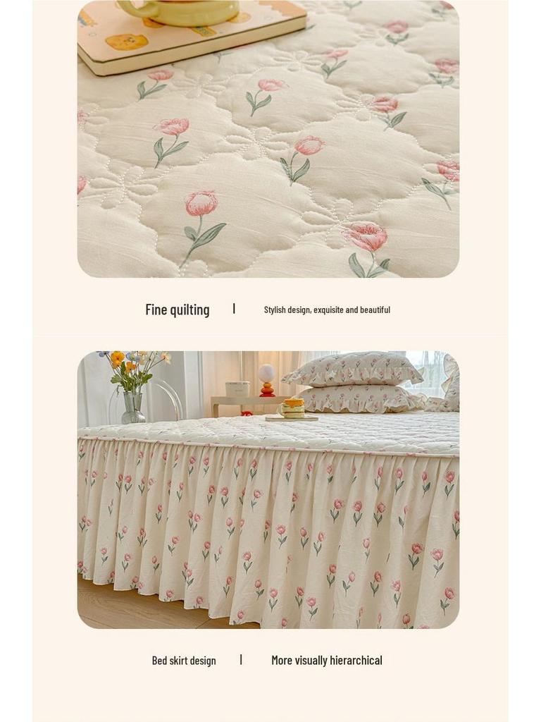 Frischer Stil Gestepptes Washed Cotton Bettrock-Set – Hautfreundlich für Einzel- und Doppelbetten