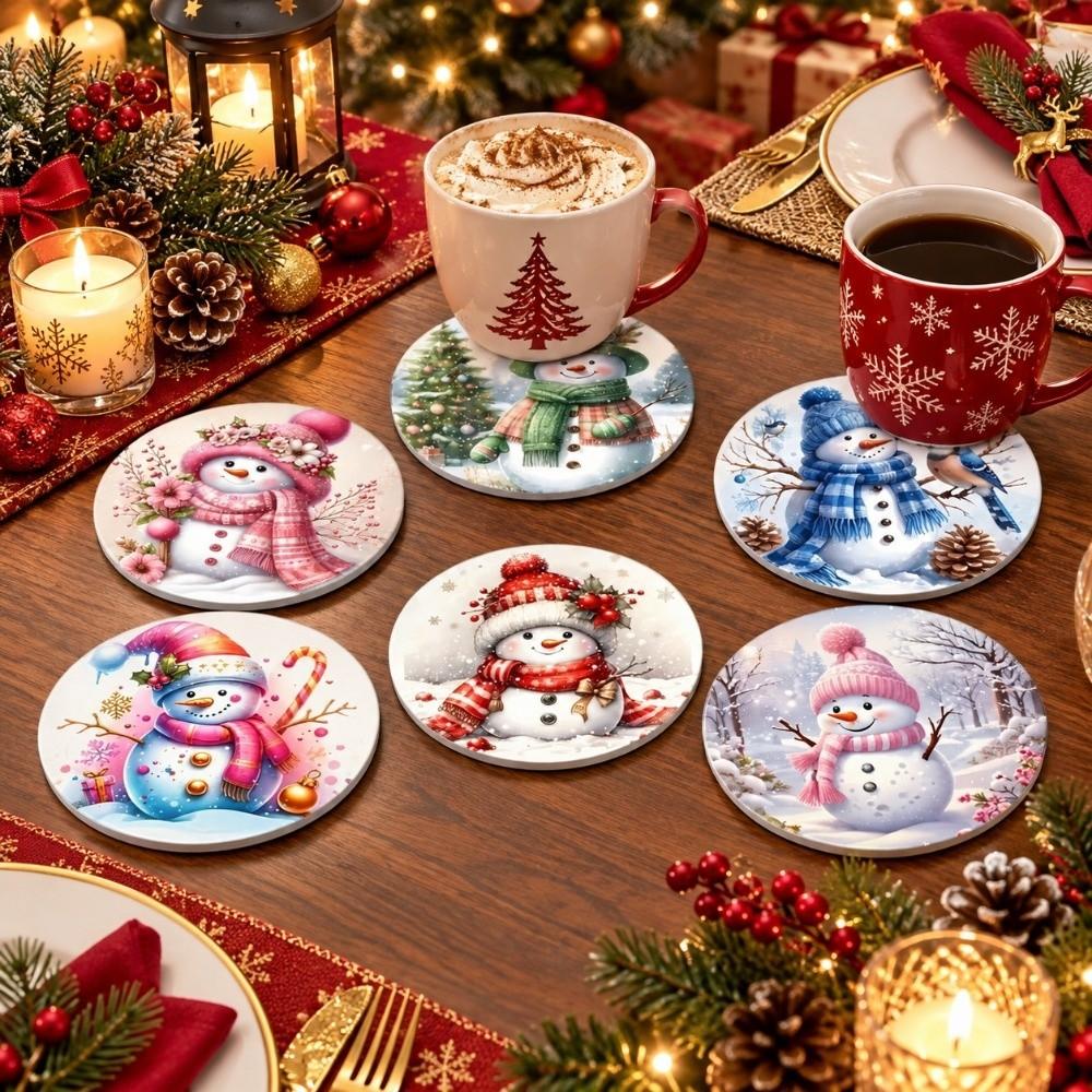 6pcs Snowman Santa Claus Coaster Heat-Resistant Coffee Cup Mat Insulation Pad Holiday Party