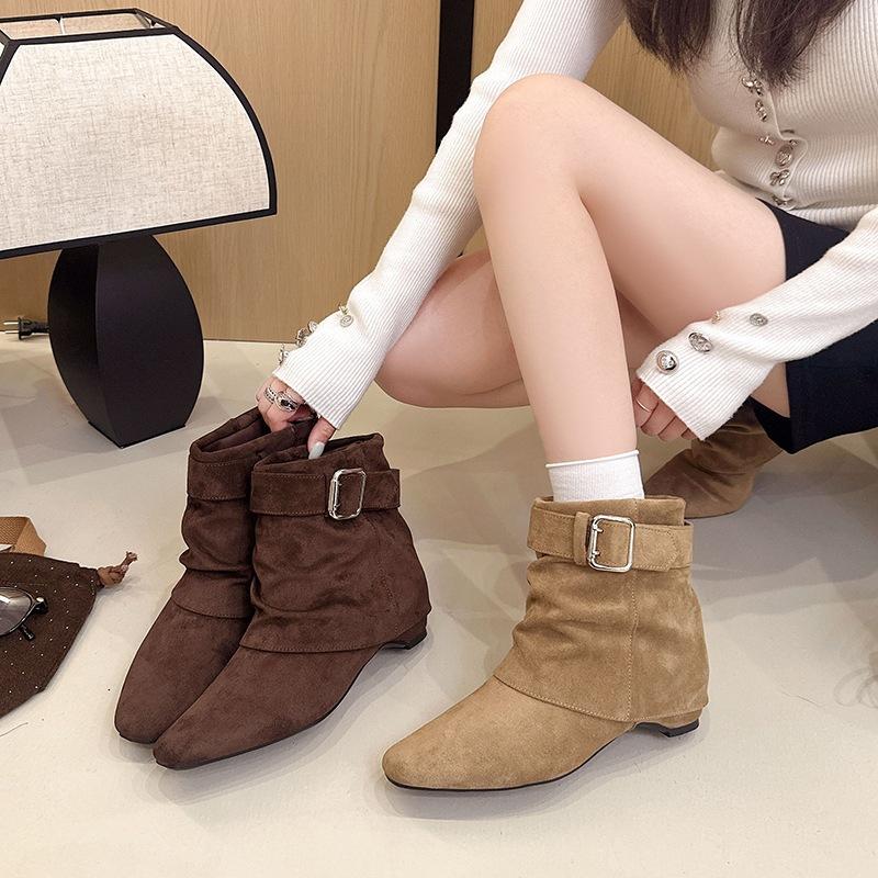 Pants short tube thin square head inner height increase belt buckle stack autumn boots women's thick heel short boots temperament women's boots