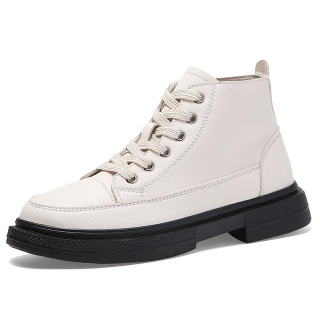 New High Top Leather Shoes Women Fashion British Style Flats Shoes Comfortable Lace Up Ankle Boots Round Toe Adult Casual Shoes