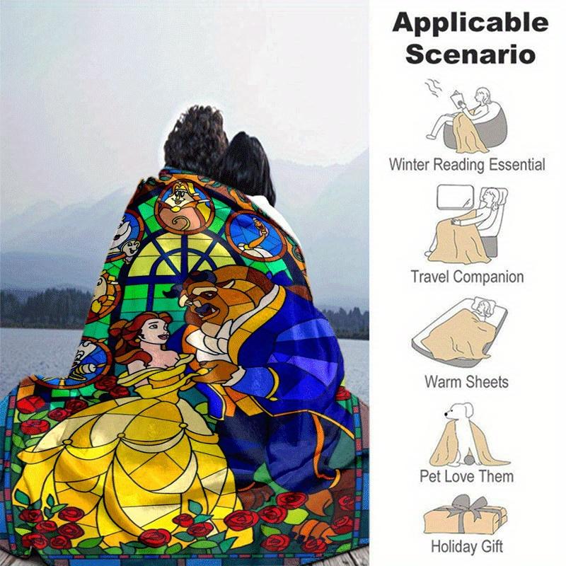 1pc Beauty and The Beast Printing Blanket - Soft, All-Season Throw for Living Room, Bedroom,Personalized Gift with Adorable Cartoon Design