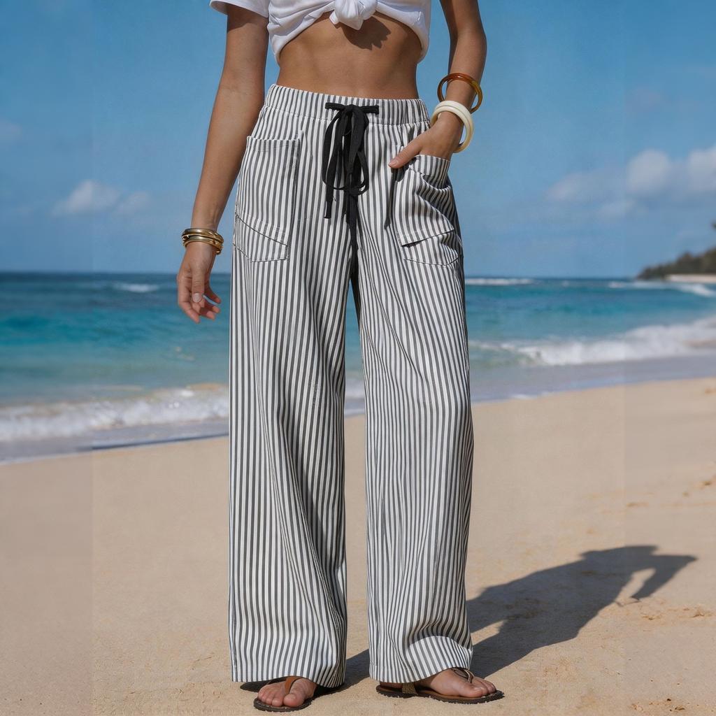 Women's Casual Wide Leg Pants Striped Drawstring Waistband with Pockets Lightweight Comfortable Loose Fit Trousers for Daily Wear