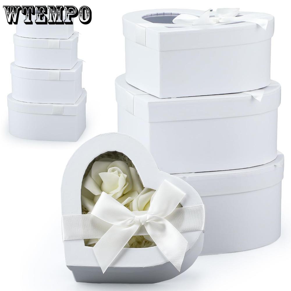 4pcs Flower Boxes Heart Shaped Gift Boxes Floral Gift Box Assorted Sizes with Transparent Window Lids and Ribbons Display Box Party Favor Box