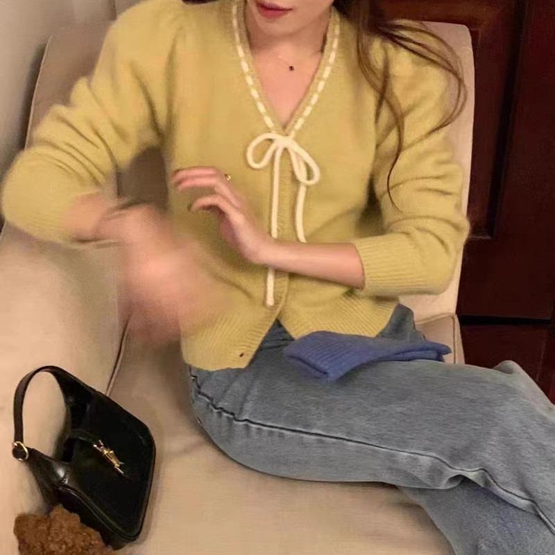 Elegant Sweet Bow Lace-up V-neck Cardigan Women Sweater Korean Fashion Chic Spring and Autumn Loose Coats Versatile Long Sleeved Knitted Clothing