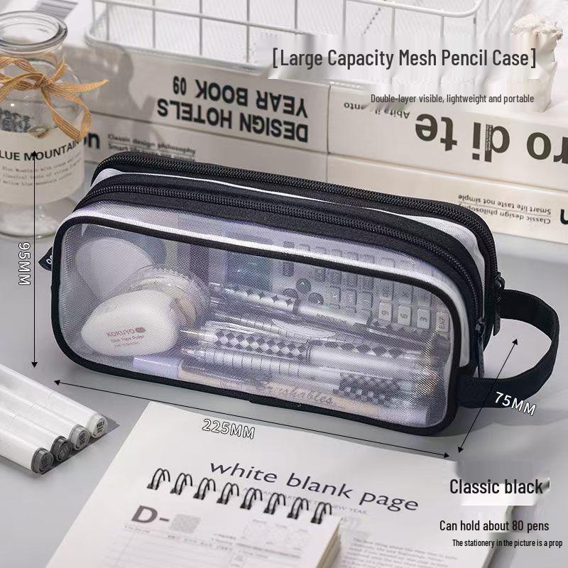 Large Capacity Double Layer Transparent Mesh Pencil Case for Girls & Boys - Perfect for School & Exams, Stylish & Portable